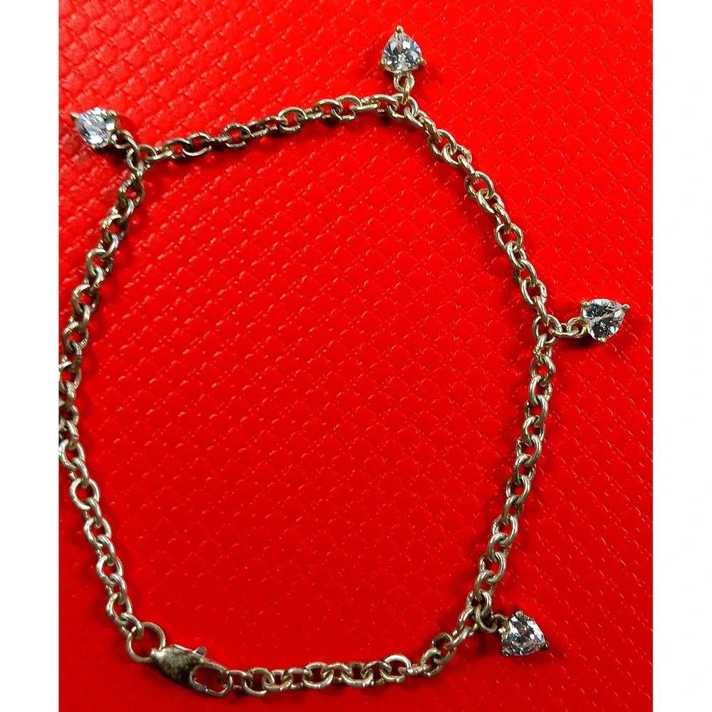 Vintage 1990s Sterling Silver Heart Dangle Charm Bracelet Cubic Zirconia 7 Inch